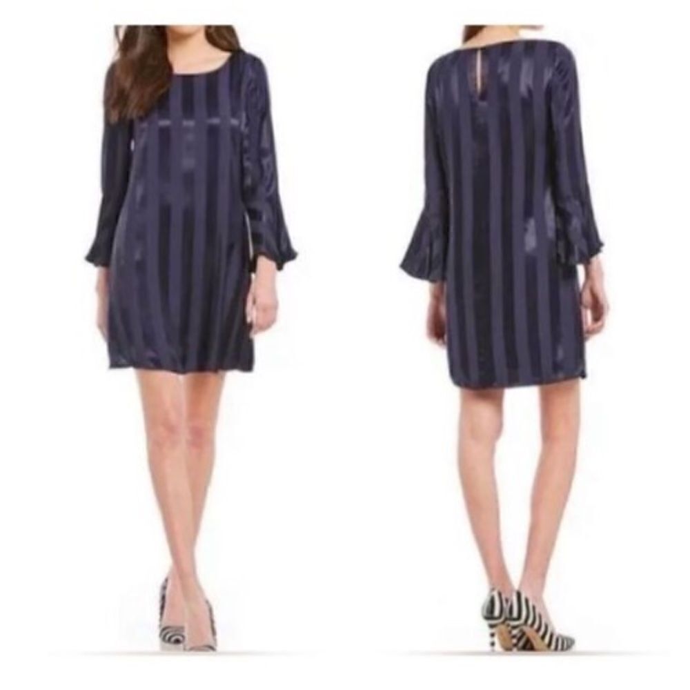 Cremuix Women's S Long Bell Sleeve Mini Dress Navy Blue Sateen Stripe Cocktail
